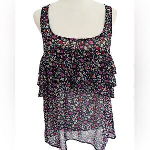 EXPRESS sleeveless floral scoop neck ruffle front top, size M.
